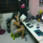 Mae laying the vocal track